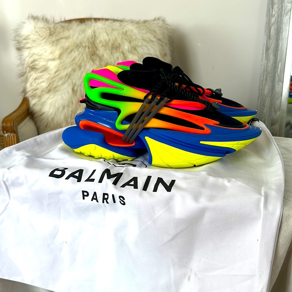 Worn twice for a performance.Balmain Neoprene & Leather Unicorn Low-Top Sneakers